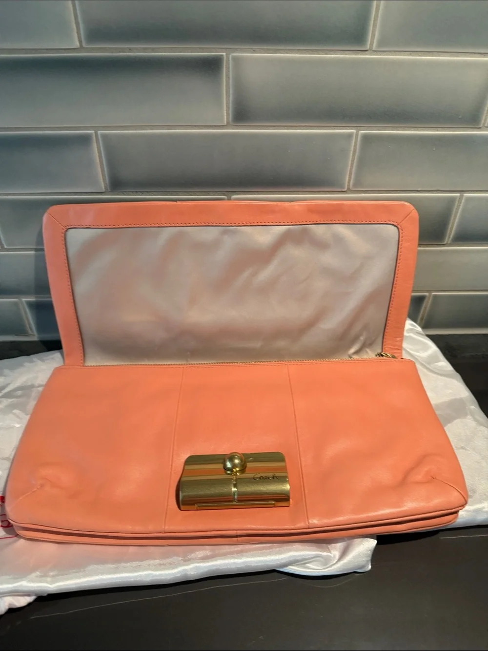 Coach Coral Pink Leather Clutch with Gold Turnlock